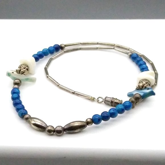 Vintage Rose Beads Necklace in Silver Tone with Blue, Mother of Pearl and Carved - Picture 2 of 4